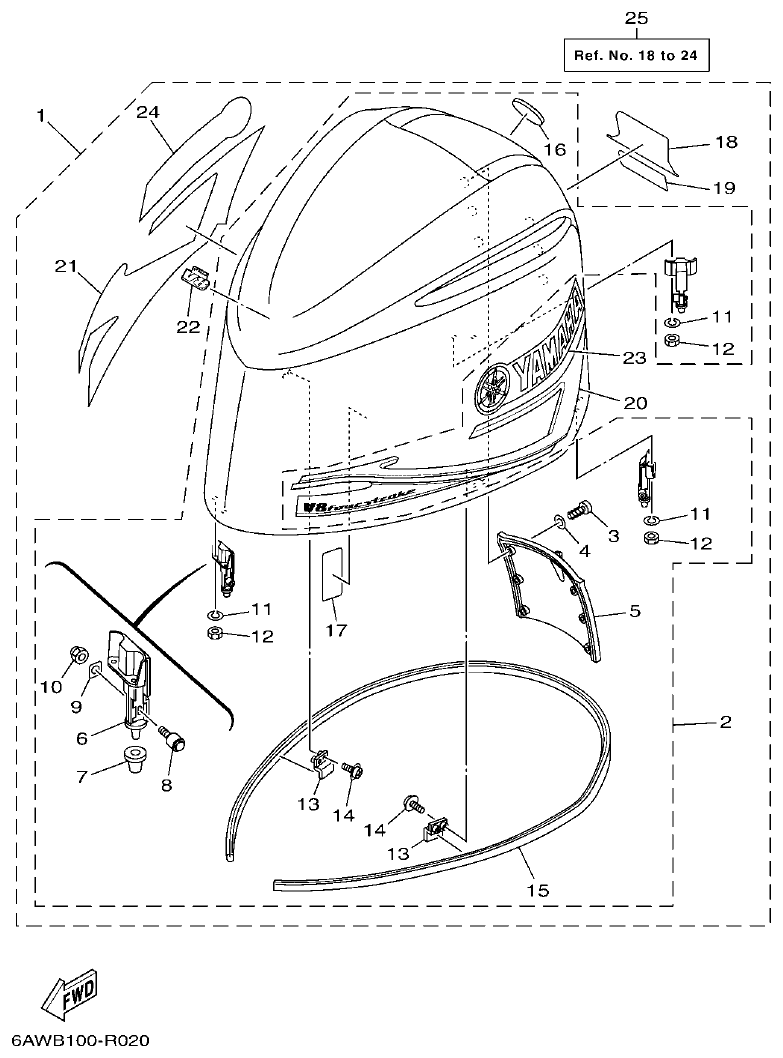 Yamaha 20, F350NCC2 TOP COWLING parts diagram